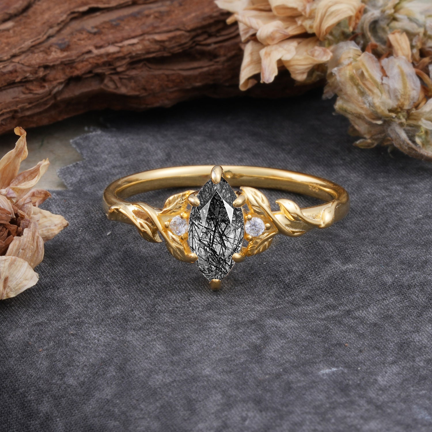 Nature-Inspired 6 Prong Dazzling Black Rutilated Quartz Engagement Ring