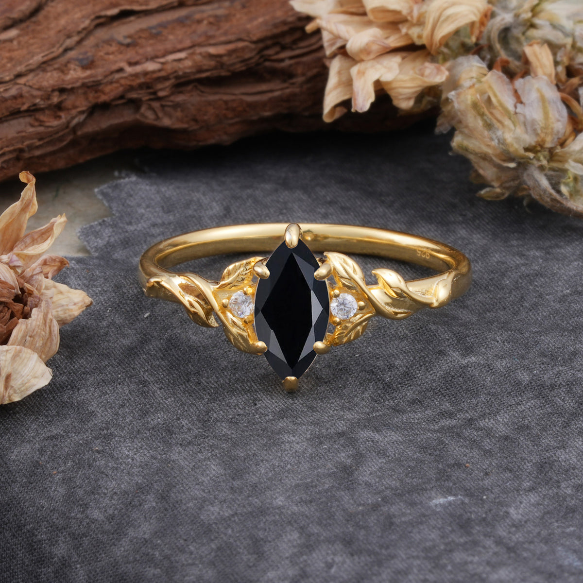 Nature-Inspired 6 Prong Dazzling Black Onyx Engagement Ring - Romalar Jewelry