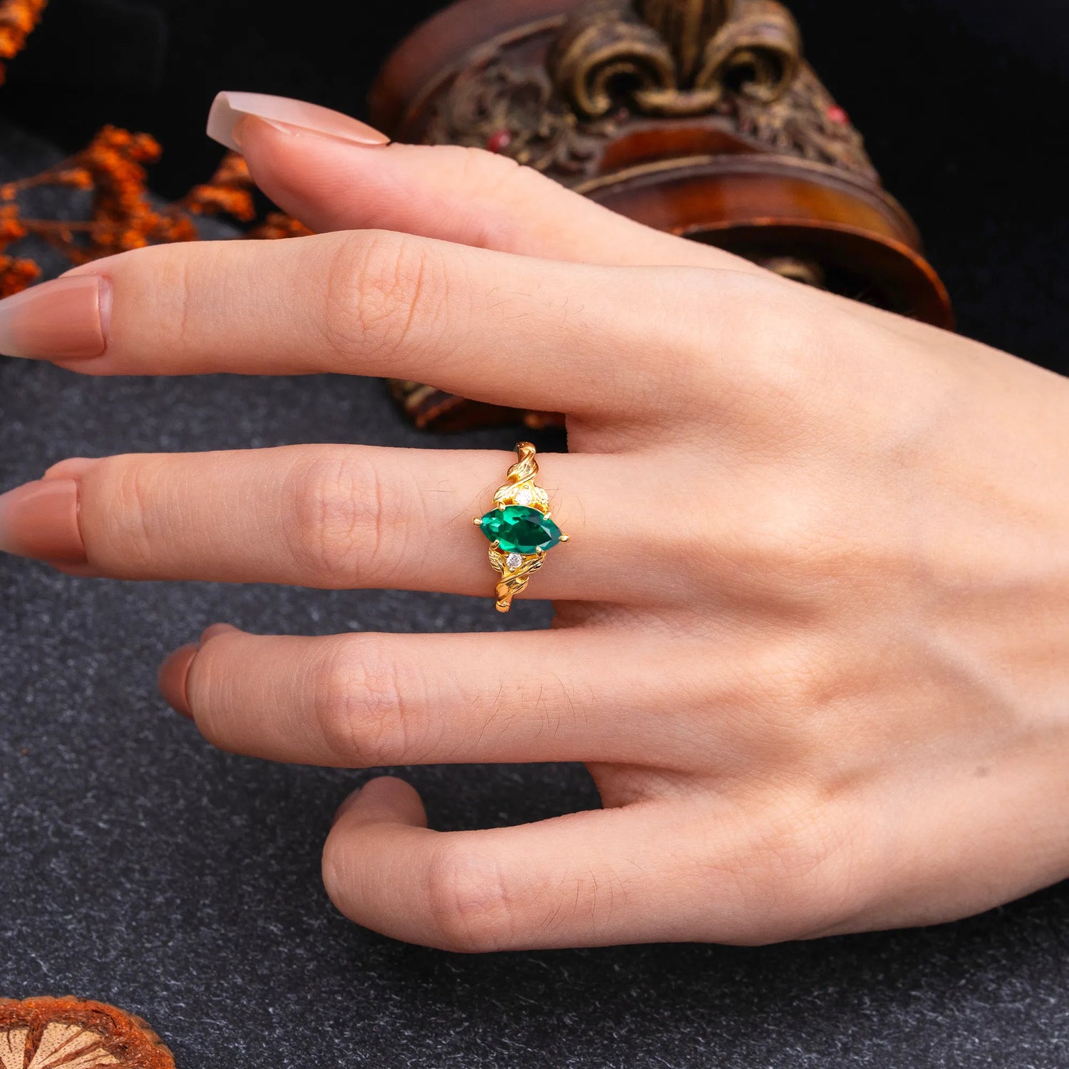 Nature-Inspired 6 Prong Dazzling Emerald Engagement Ring - Romalar Jewelry