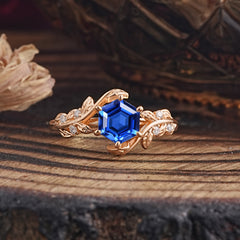 6 Prong Hexagon Cut Sapphire Vine Flower Ring