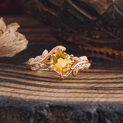 6 Prong Hexagon Cut Citrine Vine Flower Ring