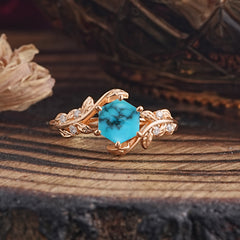 6 Prong Hexagon Cut Turquoise Vine Flower Ring