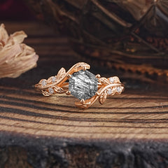 6 Prong Hexagon Cut Black Rutilated Quartz Vine Flower Ring