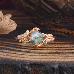 6 Prong Hexagon Cut Natural Moss Agate Vine Flower Ring