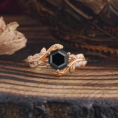 6 Prong Hexagon Cut Black Onyx Vine Flower Ring