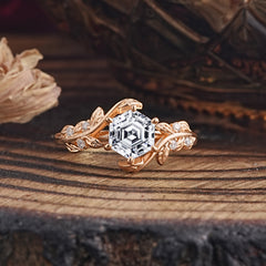6 Prong Hexagon Cut Lab Diamond Vine Flower Ring