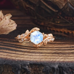 6 Prong Hexagon Cut Moonstone Vine Flower Ring