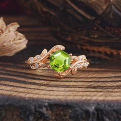 6 Prong Hexagon Cut Peridot Vine Flower Ring