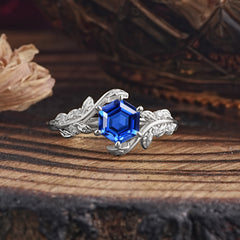 6 Prong Hexagon Cut Sapphire Vine Flower Ring