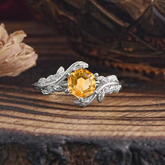 6 Prong Hexagon Cut Citrine Vine Flower Ring