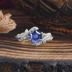 6 Prong Hexagon Cut Tanzanite Vine Flower Ring