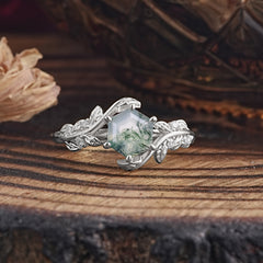 6 Prong Hexagon Cut Natural Moss Agate Vine Flower Ring