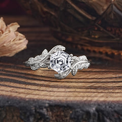 6 Prong Hexagon Cut Lab Diamond Vine Flower Ring