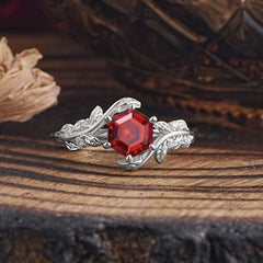 6 Prong Hexagon Cut Natural Garnet Vine Flower Ring