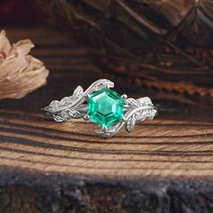6 Prong Hexagon Cut Emerald Vine Flower Ring