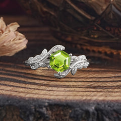 6 Prong Hexagon Cut Peridot Vine Flower Ring