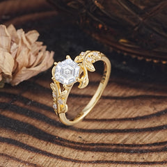 6 Prong Hexagonal Moissanite Vine Flower Ring