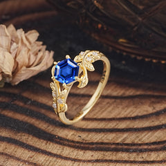 6 Prong Hexagon Cut Sapphire Vine Flower Ring