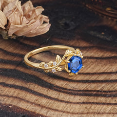 6 Prong Hexagon Cut Sapphire Vine Flower Ring
