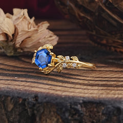 6 Prong Hexagon Cut Sapphire Vine Flower Ring