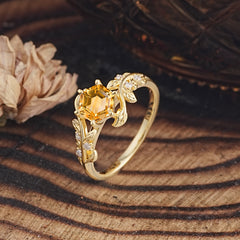 6 Prong Hexagon Cut Citrine Vine Flower Ring