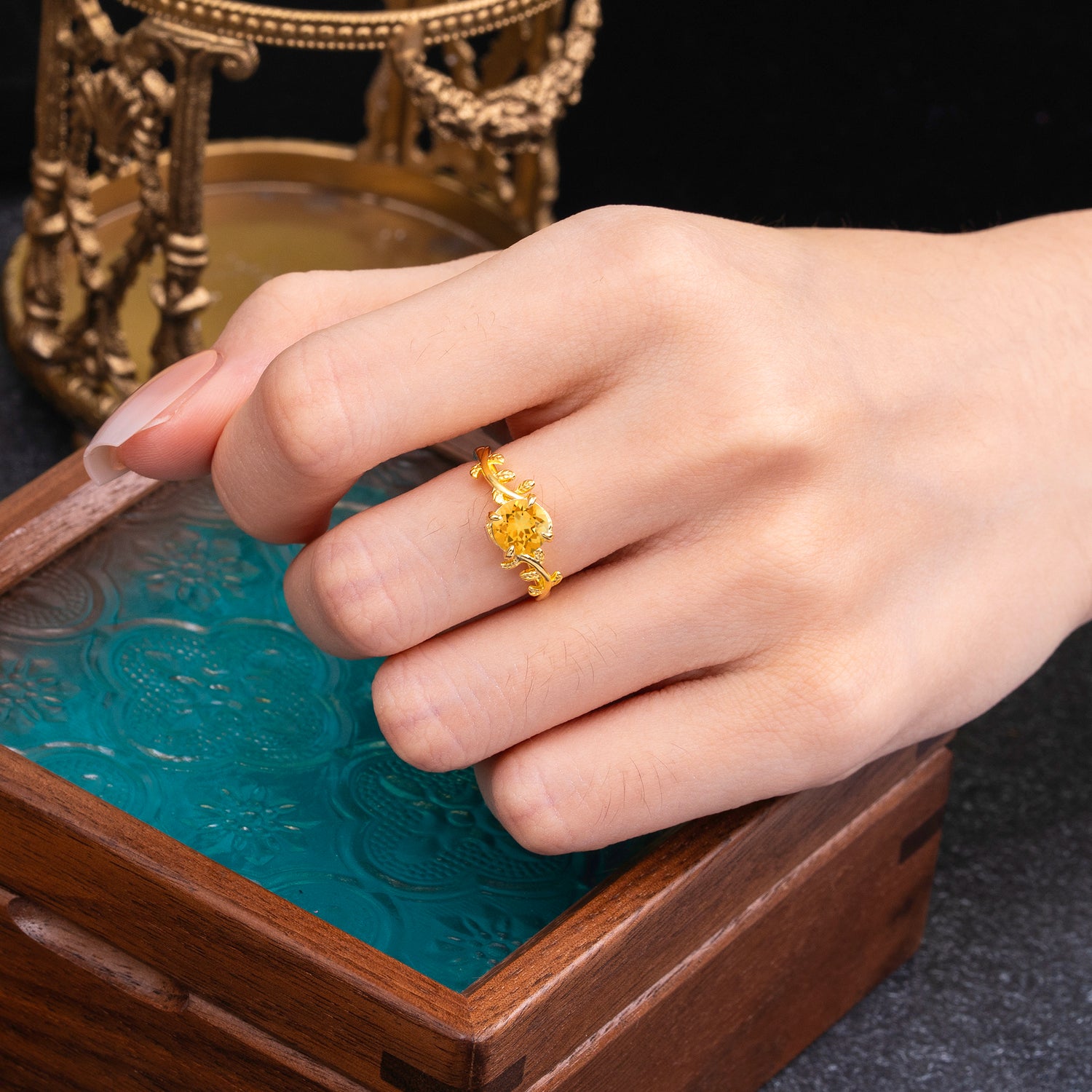 4 Prong Round Cut Citrine Nature Inspired Leaf Engagement Ring