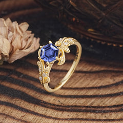 6 Prong Hexagon Cut Tanzanite Vine Flower Ring