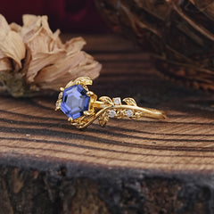 6 Prong Hexagon Cut Tanzanite Vine Flower Ring