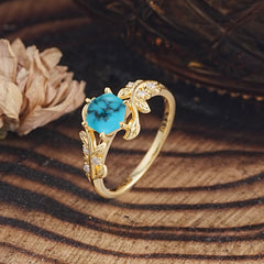 6 Prong Hexagon Cut Turquoise Vine Flower Ring