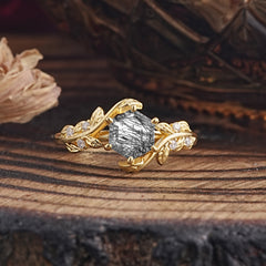 6 Prong Hexagon Cut Black Rutilated Quartz Vine Flower Ring