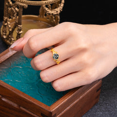 4 Prong Round Cut Black Rutilated Quartz Nature Inspired Leaf Engagement Ring