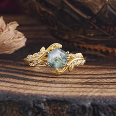 6 Prong Hexagon Cut Natural Moss Agate Vine Flower Ring