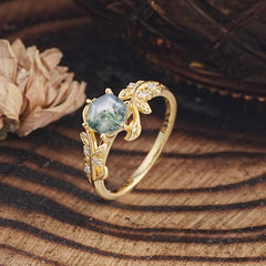 6 Prong Hexagon Cut Natural Moss Agate Vine Flower Ring