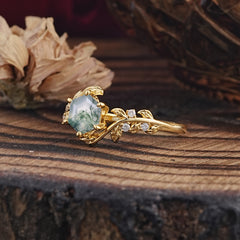 6 Prong Hexagon Cut Natural Moss Agate Vine Flower Ring