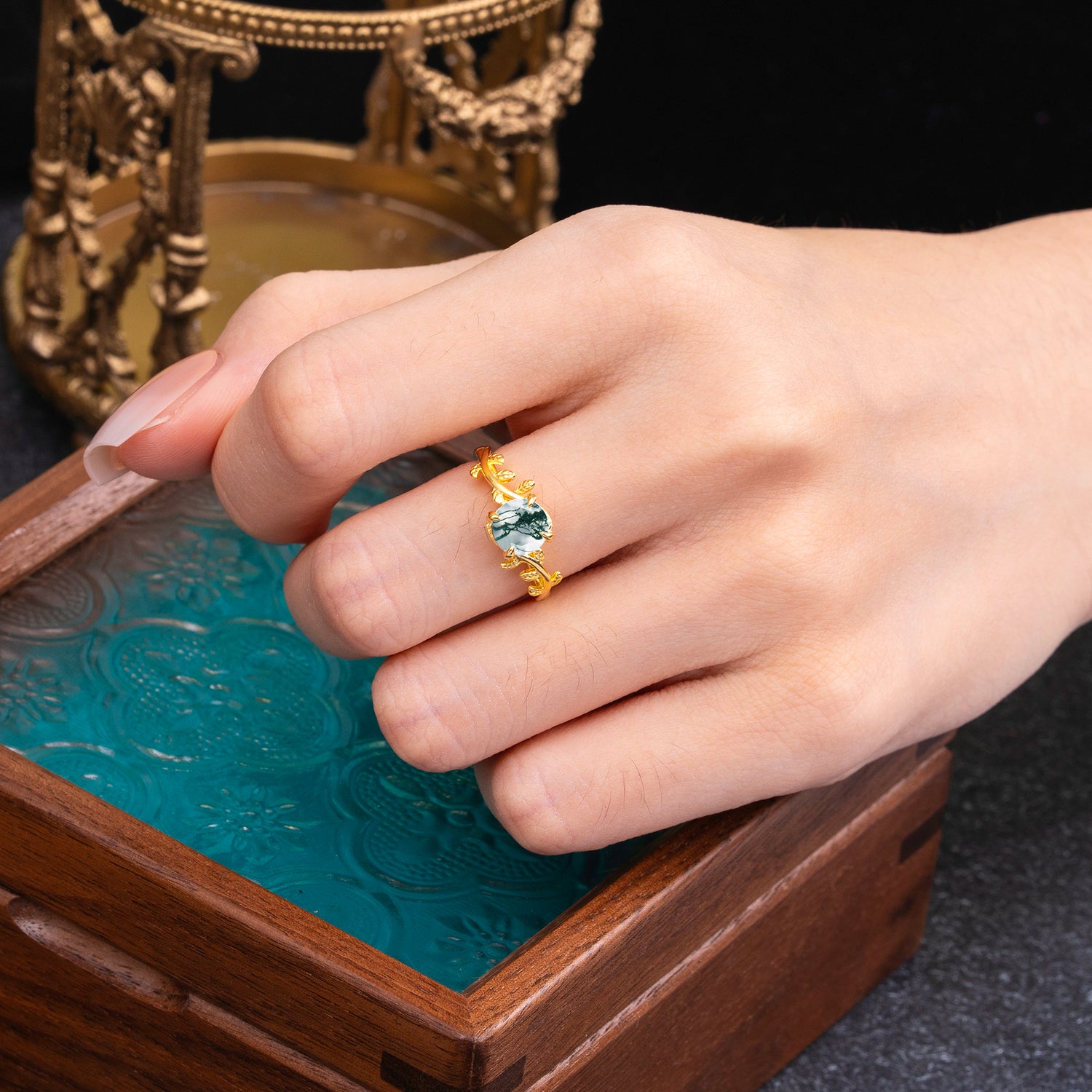 Round Cut Natural Moss Agate Nature Inspired Leaf Engagement Ring
