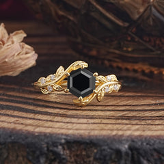 6 Prong Hexagon Cut Black Onyx Vine Flower Ring