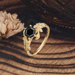 6 Prong Hexagon Cut Black Onyx Vine Flower Ring