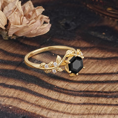 6 Prong Hexagon Cut Black Onyx Vine Flower Ring