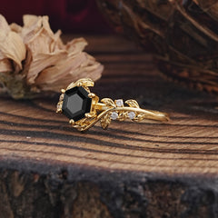 6 Prong Hexagon Cut Black Onyx Vine Flower Ring