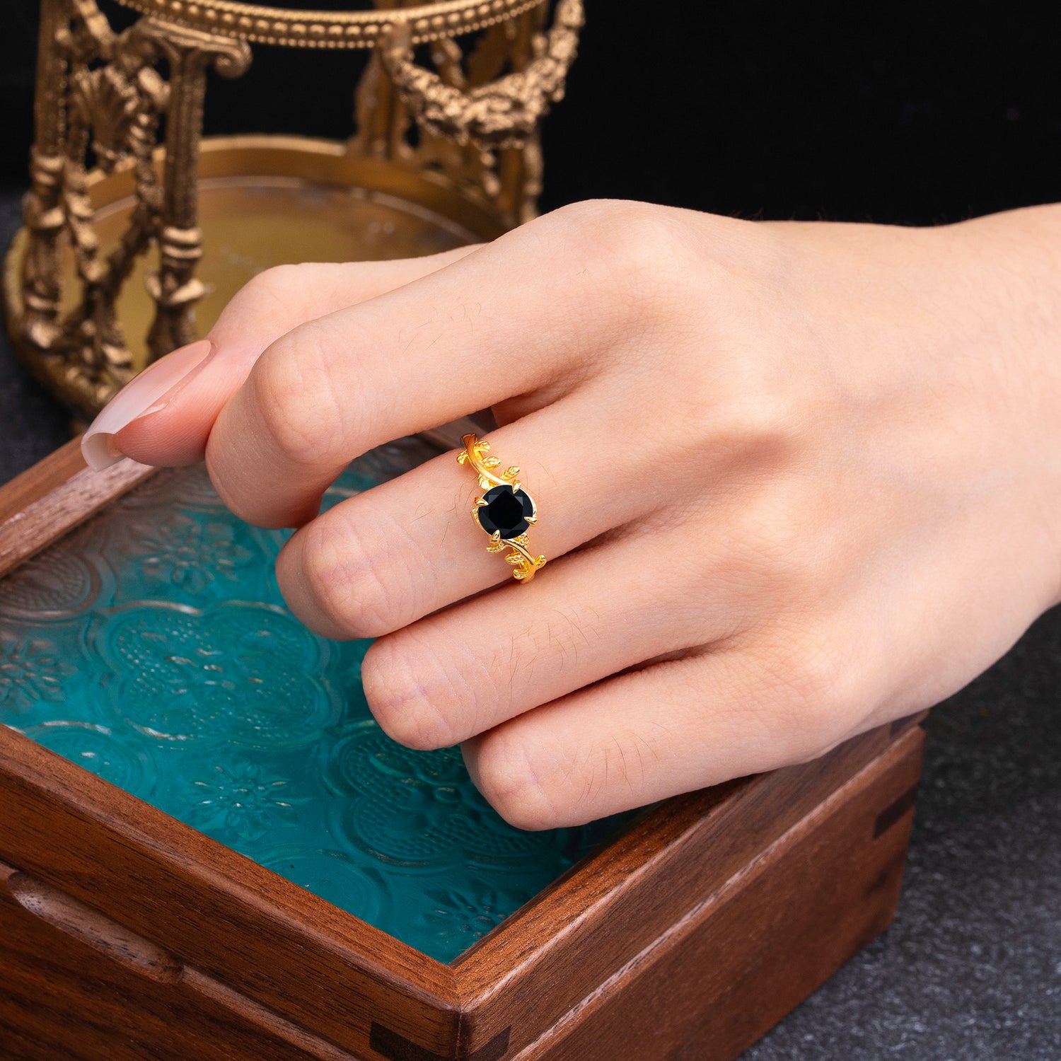 4 Prong Round Cut Black Onyx Nature Inspired Leaf Engagement Ring
