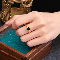 4 Prong Round Cut Black Onyx Nature Inspired Leaf Engagement Ring