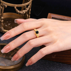 6 Prong Hexagon Cut Black Onyx Vine Flower Ring