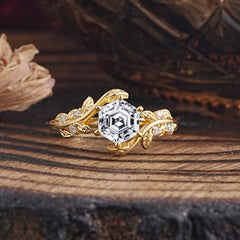 6 Prong Hexagon Cut Lab Diamond Vine Flower Ring
