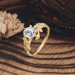 6 Prong Hexagon Cut Lab Diamond Vine Flower Ring