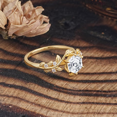 6 Prong Hexagon Cut Lab Diamond Vine Flower Ring