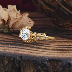 6 Prong Hexagon Cut Lab Diamond Vine Flower Ring