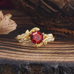6 Prong Hexagon Cut Natural Garnet Vine Flower Ring