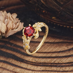 6 Prong Hexagon Cut Natural Garnet Vine Flower Ring