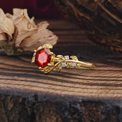 6 Prong Hexagon Cut Natural Garnet Vine Flower Ring
