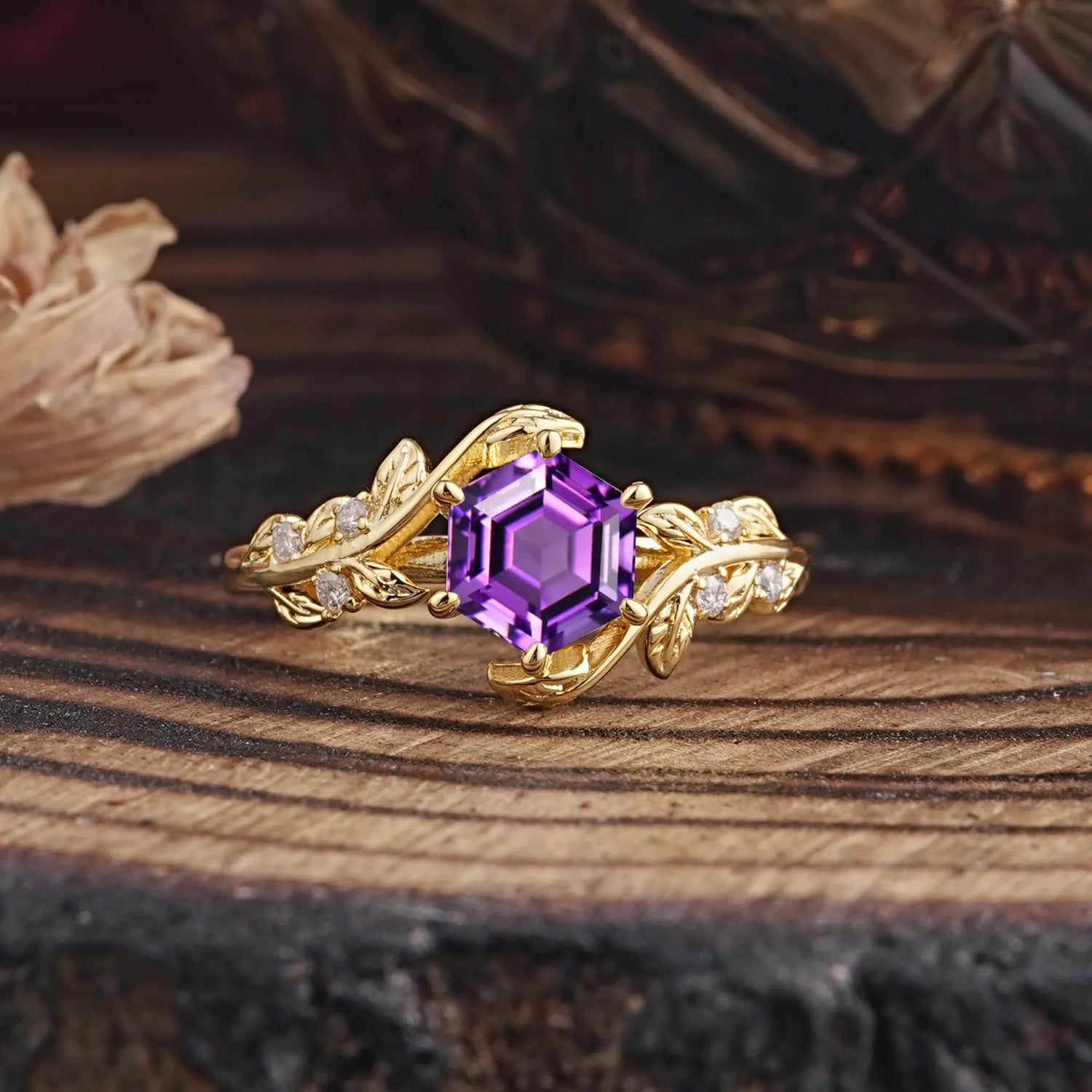 4 Prong Round Cut Amethyst Nature Inspired Leaf Engagement Ring